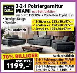 3-2-1 Polstergarnitur MIAMI mit Bettfunktion