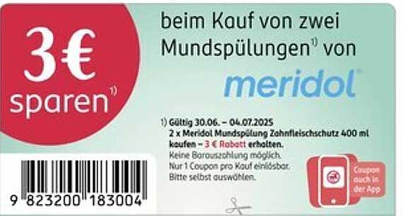 3 € sparen beim Kauf von zwei Mundspülungen von meridol