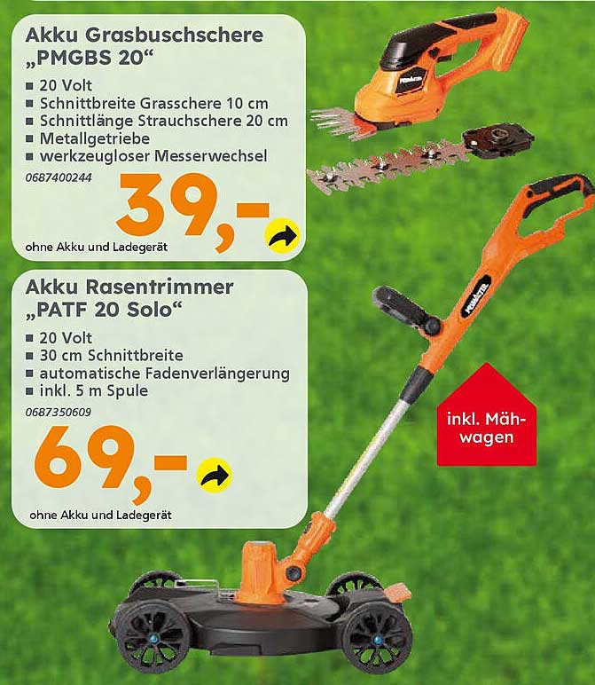 Akku Grasbusschere „PMGBS 20“ und Akku Rasentrimmer „PATF 20 Solo“