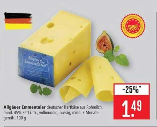 Allgäuer Emmentaler deutscher Hartkäse aus Rohmilch, mind. 45% Fett i. Tr., vollmundig, nussig, mind. 3 Monate gereift, 100 g