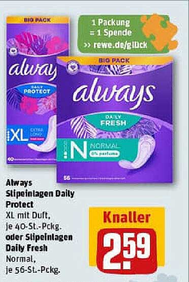Always Slipeinlagen Daily Protect XL mit Duft, je 40 Stk. oder Slipeinlagen Daily Fresh Normal, je 56 Stk.