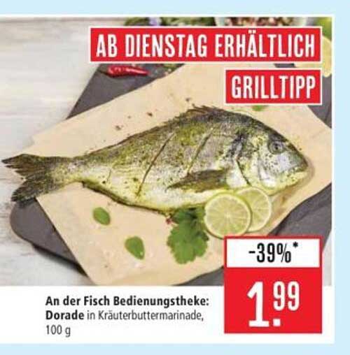An der Fisch Bedienungstheke: Dorade in Kräuterbuttermarine, 100 g