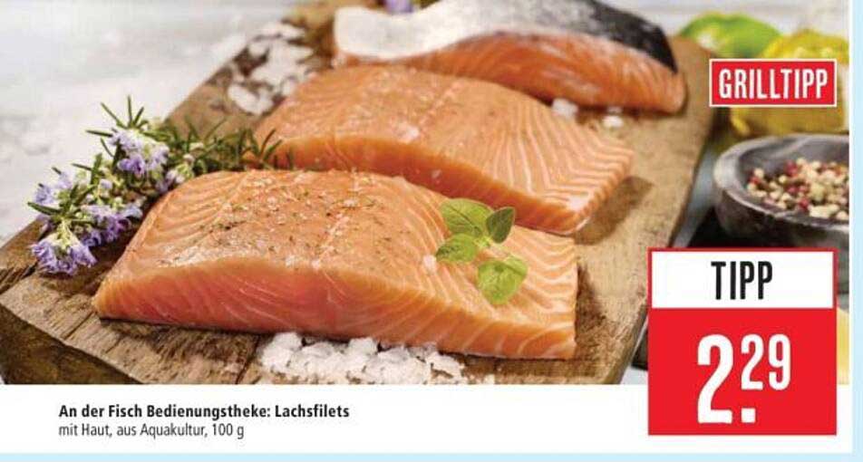 An der Fisch Bedienungstheke: Lachsfilets mit Haut, aus Aquakultur, 100 g