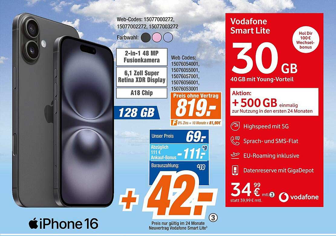 Apple iPhone 16 mit Vodafone Smart Lite Vertrag