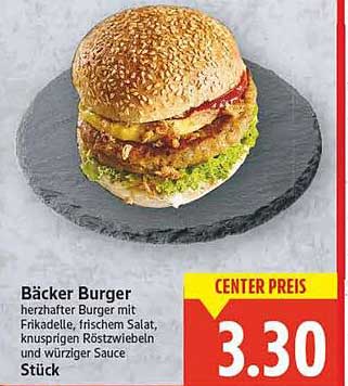 Bäcker Burger herzhaft mit Frikadelle, frischem Salat, knusprigen Röstzwiebeln und würziger Sauce Stück