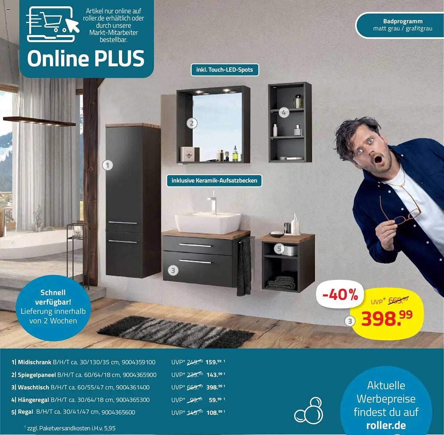 Badprogramm in Matt Grau inklusive Keramik-Aufsatzbecken und Touch-LED-Spots