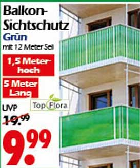 Balkon-Sichtschutz Grün mit 12 Meter Seil 1,5 Meter hoch 5 Meter lang