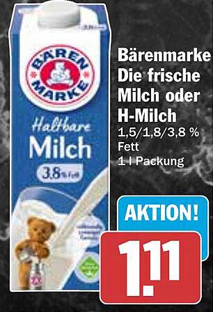 Bärenmarke Die frische Milch oder H-Milch 1,5/1,8/3,8 % Fett 1 l Packung