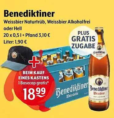 Benediktiner Weissbier Naturtrüb, Weissbier Alkoholfrei oder Hell 20 x 0,5 l + 1 Basecap gratis