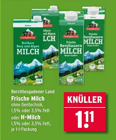 Berchtesgadener Land Frische Milch ohne Gentechnik, 1,5% oder 3,5% Fett oder H-Milch, 1,5% oder 3,5% Fett, je 1-l-Packung