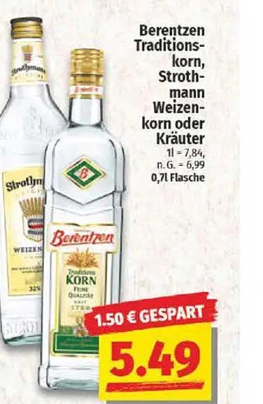Berentzen Traditionskorn, Strothmann Weizenkorn oder Kräuter 0,7 l Flasche