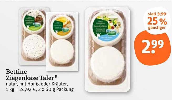 Bettine Ziegenkäse Taler® natur, mit Honig oder Kräuter, 2 x 60 g