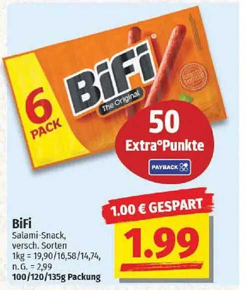 BiFi Salami-Snack, 6 Packungen für 1,99 € - 1,00 € gespart