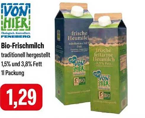 Bio-Frischmilch traditionell hergestellt 1,5% und 3,8% Fett 1 l Packung