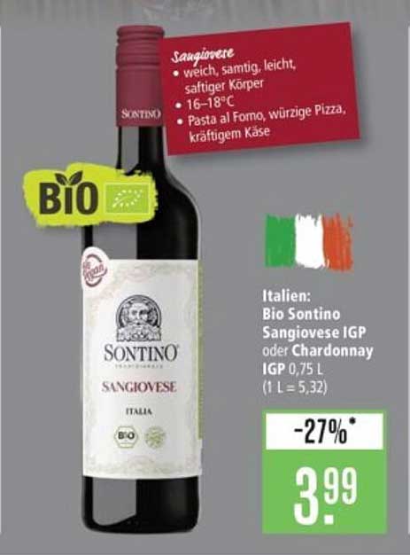 Bio Sontino Sangiovese IGP oder Chardonnay 0,75 L