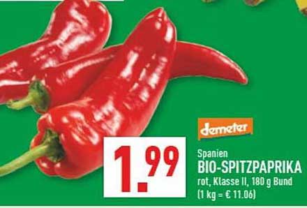 BIO-SPITZPaprika, rot, Klasse II, 180 g Bund aus Spanien
