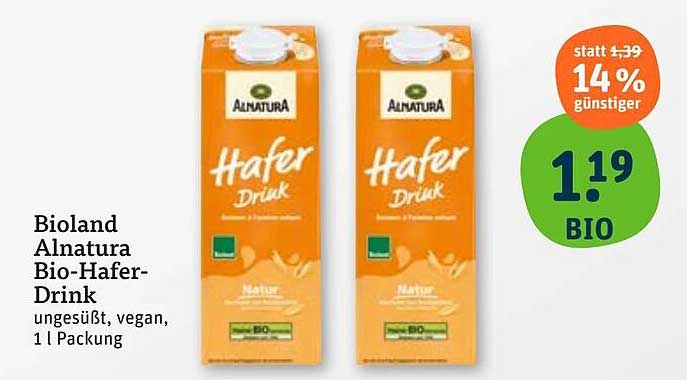 Bioland Alnatura Bio-Hafer-Drink, ungesüßt, vegan, 1 l Packung