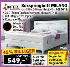 Boxspringbett MILANO 180 x 200 cm mit integriertem Topper