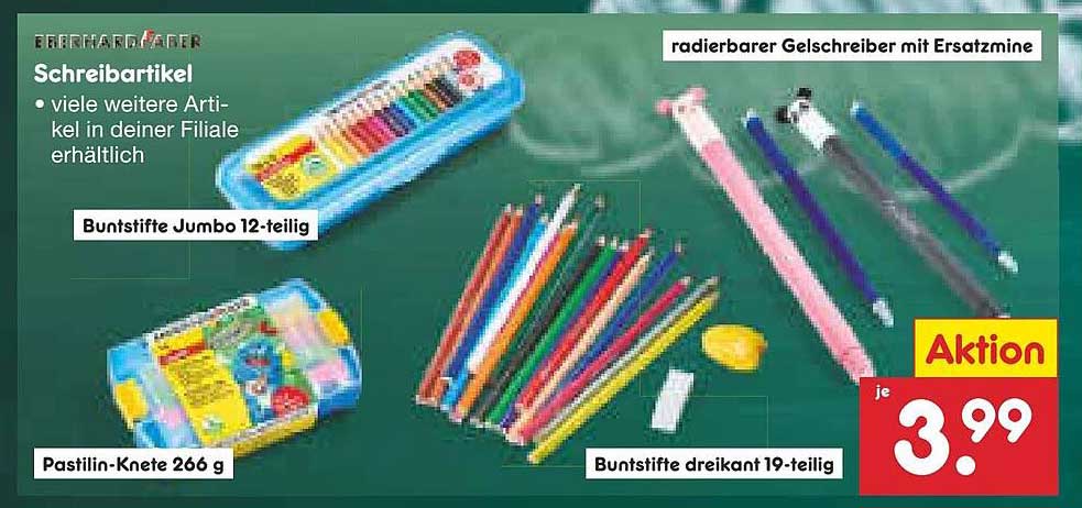 Buntstifte Jumbo 12-teilig, Buntstifte dreikant 19-teilig, Pastilin-Knete 266 g, radierbarer Gelstift mit Ersatzmine