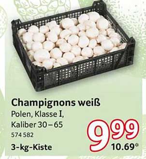 Champignons weiß, Polen, Klasse I, Kaliber 30–65, 3-kg-Kiste
