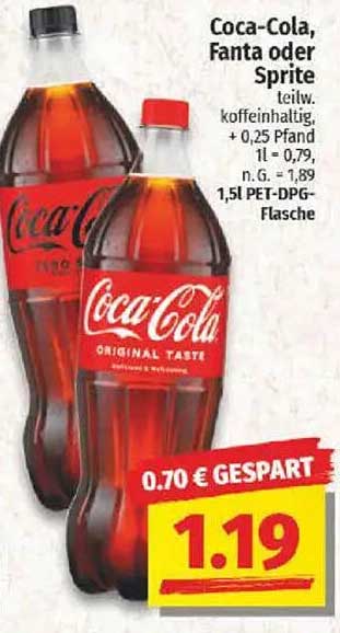 Coca-Cola, Fanta oder Sprite 1,5l PET-DPG-Flasche