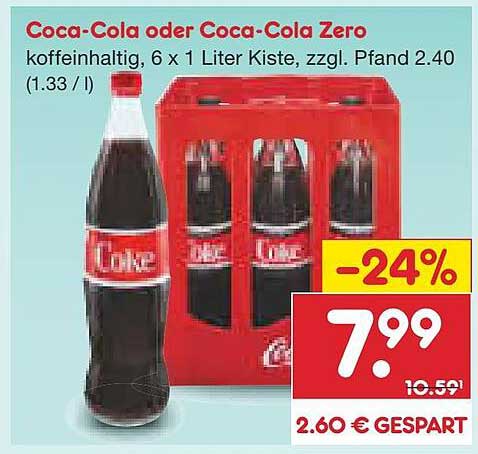 Coca-Cola oder Coca-Cola Zero, 6 x 1 Liter Kiste