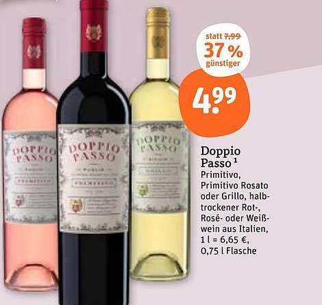 Doppio Passo - Primitivo, Primitivo Rosato oder Grillo, halb-trockener Rot-, Rosé- oder Weißwein aus Italien
