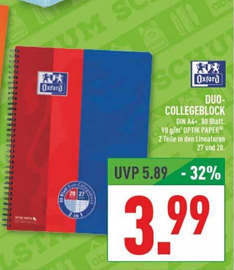 DUO-COLLEGEBLOCK DIN A4+ 80 Blatt von Oxford