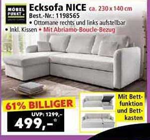 Ecksofa NICE - ca. 230 x 140 cm, inkl. Kissen, mit Bettfunktion und Bettkasten
