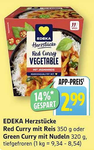 EDEKA Herzstücke Red Curry mit Reis 350 g oder Green Curry mit Nudeln 320 g, tiefgefroren