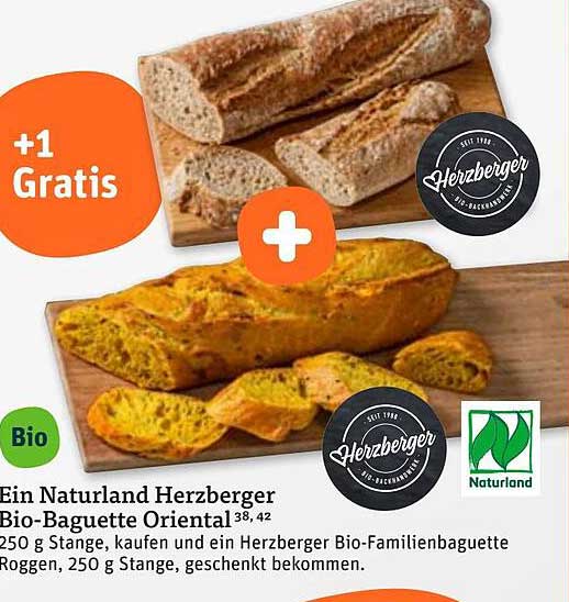 Ein Naturland Herzberger Bio-Baguette Oriental - 250 g Stange kaufen und gratis ein Herzberger Bio-Familienbaguette Roggen (250 g Stange) erhalten.