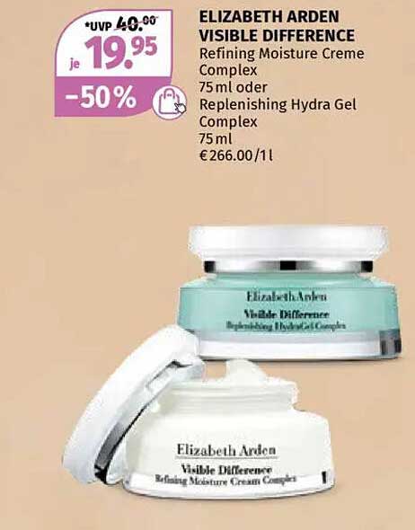 ELIZABETH ARDEN VISIBLE DIFFERENCE Refining Moisture Creme Complex oder Replenishing Hydra Gel Complex - 75 ml
