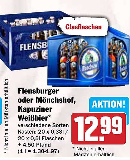 Flensburger oder Münchshof, Kapuziner Weißbier - 20 Flaschen Kasten