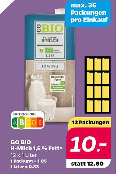 GO BIO H-Milch 1,5 % Fett, 12 x 1 Liter