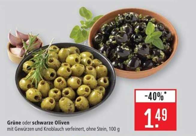 Grüne oder schwarze Oliven mit Gewürzen und Knoblauch verfeinert, ohne Stein, 100 g