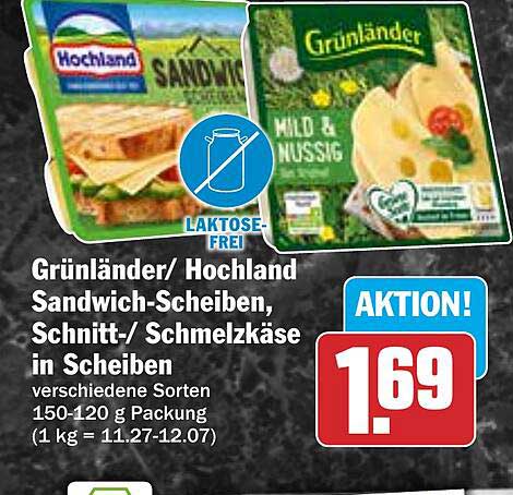 Grünländer/Hochland Sandwich-Scheiben, Schnitt-/Schmelzkäse in Scheiben