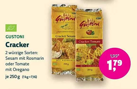 GUSTONI Cracker – 2 würzige Sorten: Sesam mit Rosmarin oder Tomate mit Oregano
