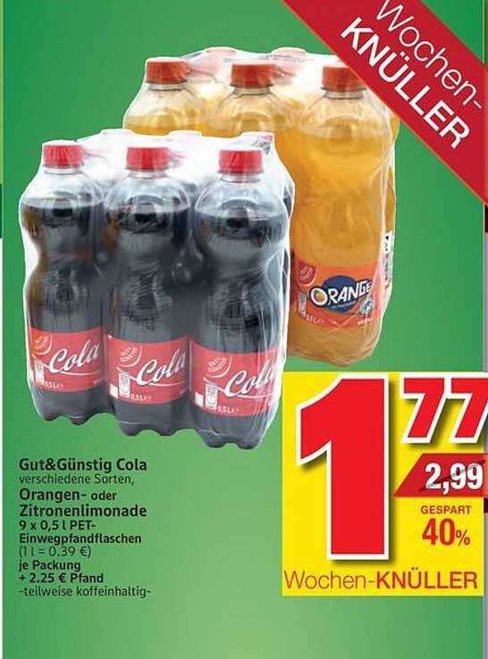Gut&Günstig Cola, verschiedene Sorten, Orangen- oder Zitronenlimonade 9 x 0,5 l PET