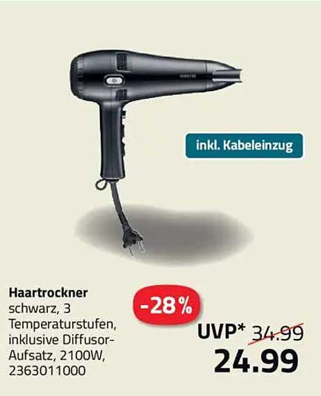 Haartrockner schwarz, 3 Temperaturstufen, inklusive Diffusor-Aufsatz, 2100W