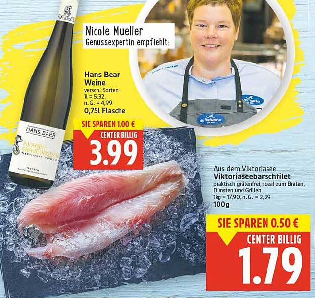 Hans Bear Wein und Viktoriaseebarschfilet im Angebot