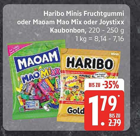 Haribo Minis Fruchtgummi oder Maoam Mao Mix oder Joystixx Kaubonbon – 220–250 g