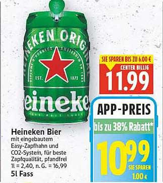 Heineken Bier 5l Fass mit Easy-Zapfhahn