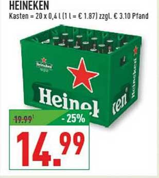 HEINEKEN Kasten 20 x 0,4 l (1 l = € 1,87) zzgl. € 3,10 Pfand