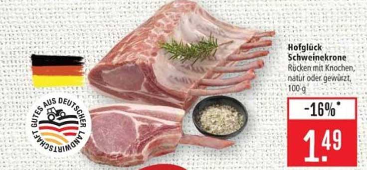 Hofglück Schweinekronen Rücken mit Knochen, natur oder gewürzt, 100-g