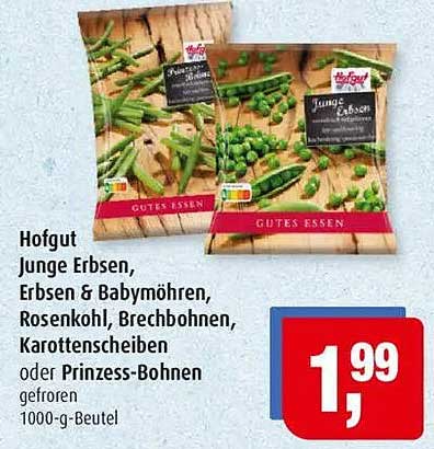 Hofgut Junge Erbsen, Erbsen & Baby-Möhren, Rosenkohl, Brechbohnen, Karottenscheiben oder Prinzess-Bohnen gefroren 1000-g-Beutel