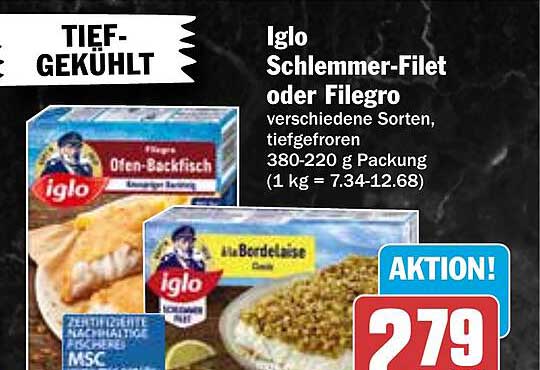 Iglo Schlemmer-Filet oder Filegro verschiedene Sorten, tiefgefroren 380-220 g Packung (1 kg = 7.34-12.68)
