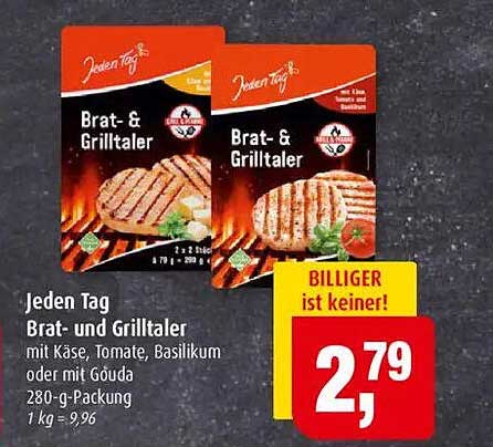 Jeden Tag Brat- und Grilltaler mit Käse, Tomate, Basilikum oder Gouda 280-g-Packung