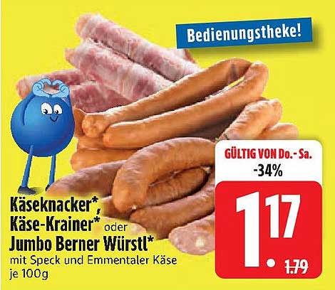 Käseknacker*, Käse-Kräiner* oder Jumbo Berner Würstl* mit Speck und Emmentaler Käse