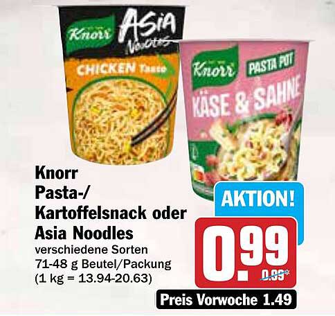 Knorr Pasta-/Kartoffelsnack oder Asia Noodles in verschiedenen Sorten