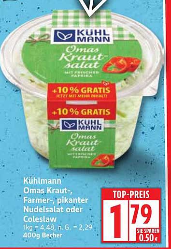 Kühlmann Omas Krautsalat, pikanten Nudelsalat oder Coleslaw 400g Becher